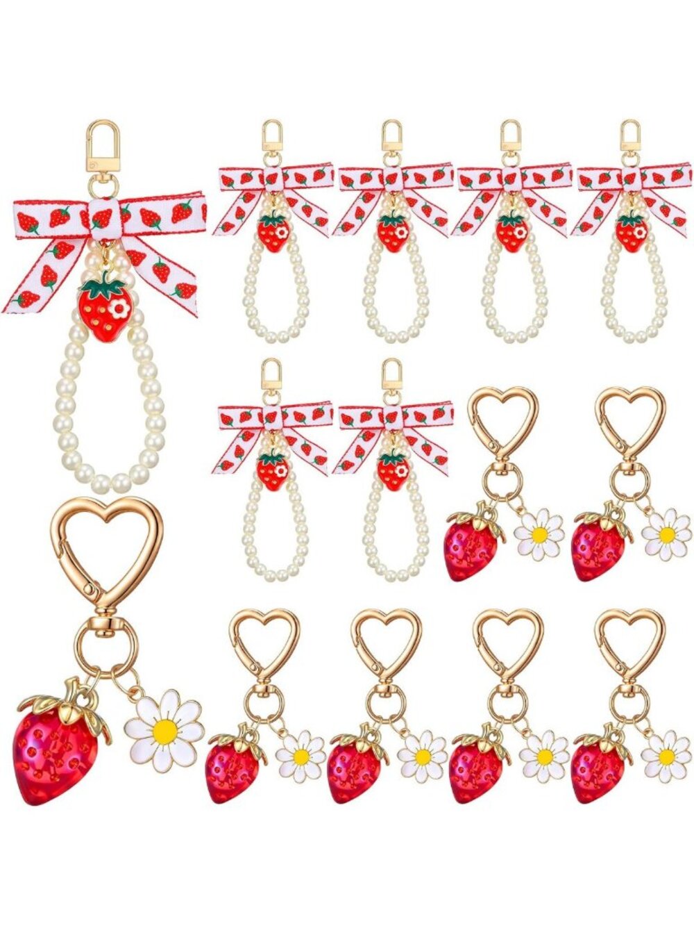 12 Pcs Strawberry Keychain Charms with Bow & Pearl - Cute Bag Accessories